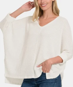 Zenana Full Size Round Neck High-Low Slit Knit Top