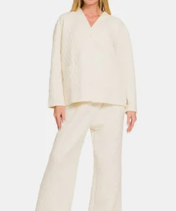 Alternative view of Zenana Quilted Button Up Long Sleeve Top and Pants Lounge Set